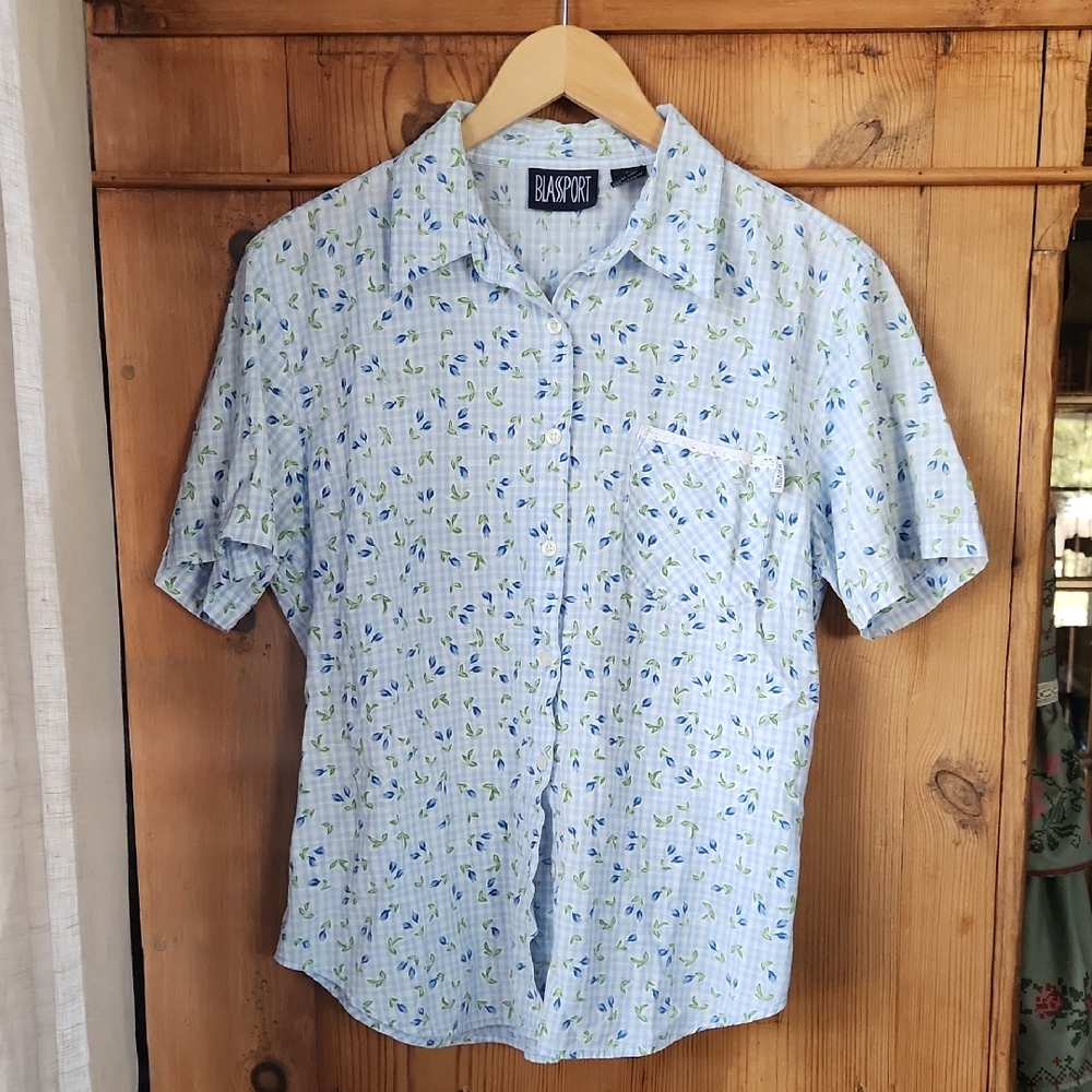 100% Cotton Blue Floral plaid Button Down Shirt